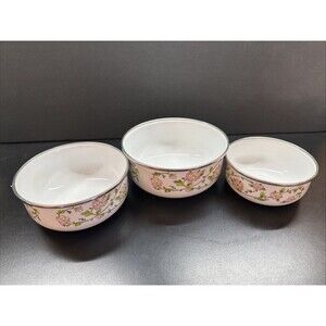 Kobe Kitchen  Enamel (3) Mixing Nesting Bowls Floral Vtg Pattern No Lids